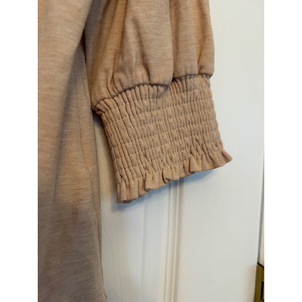 PGANDS Women Beige Notched V-Neck Puff Sleeve Smocked Cuff Knit Top Large - Picture 5 of 7